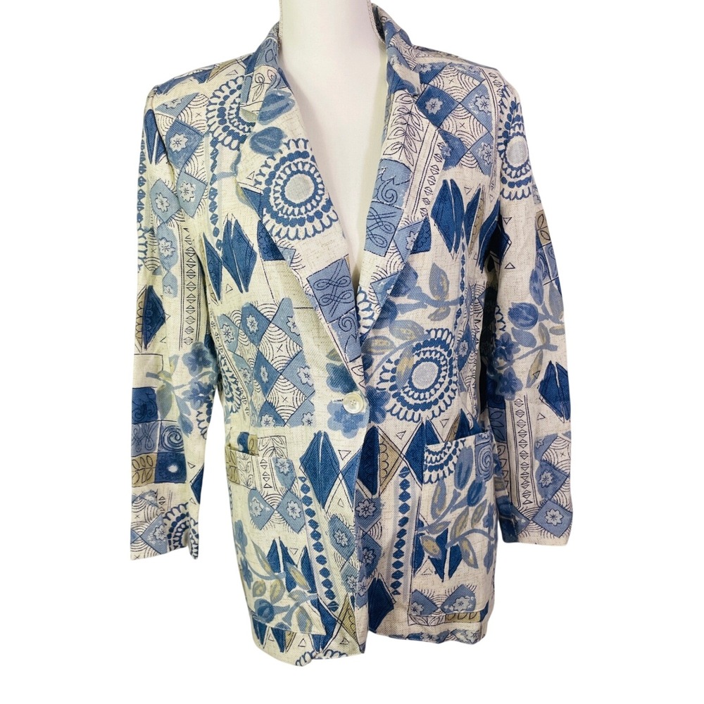 VTG Tofy Blazer Women's Sz S Geometric Floral Linen Blend Shoulder Pads 80s 90s